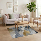 Abstract Wave Gold Accent Grey Navy Area Rug