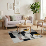 Washable Abstract Geometric Area Rug - Modern Gold & Black Low Pile Non-Slip Rug