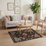 Black Persian Floral Area Rug with Red Motifs