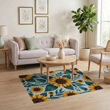 Vibrant Yellow Sunflower Teal Leaves Area Rug