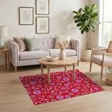 Pink Flowers Swirling Vines Red Area Rug