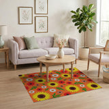 Vibrant Orange Sunflower Poppy Daisy Floral Rug