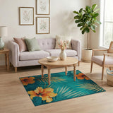 Teal Hibiscus Blooms Golden Palm Area Rug