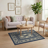 Blue and Teal Navy Blue Ornate Persian Border Rug