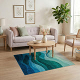Layered Teal Waves Abstract Area Rug