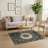 Ornate Navy Gold Mandala Floral Rug