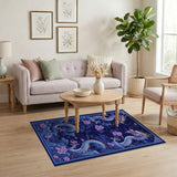 Twin Blue Dragons Lotus Navy Oriental Area Rug
