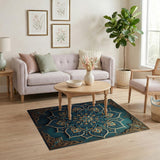 Teal Mandala Area Rug with Gold Intricacies