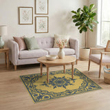 Ornate Blue Border Yellow Area Rug
