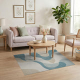 ODIKA Washable Abstract Wave Area Rug - Modern Teal & Beige Low Pile Non-Slip Rug