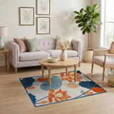 Teal Lotus Flower Area Rug with Orange Blooms