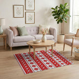 Red White Snowflake Floral Border Rug