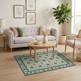 Blue and Teal Teal Floral Persian Area Rug on Ivory