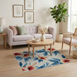 Hibiscus Floral Area Rug with Blue Leaves