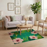 Pink Hibiscus Flower Teal Green Area Rug