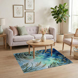 Blue Teal Olive Branch Eucalyptus Area Rug