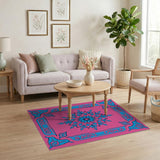 Vibrant Pink Rug with Blue Mandala Floral Design