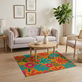 Vibrant Orange Teal Leaf Flower Area Rug