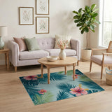 Teal Hibiscus Palm Leaf Coastal Area Rug