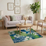 Tropical Green Palm Leaf and Hibiscus Area Rug
