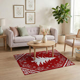 Festive White Christmas Tree on Red Snowflakes Rug