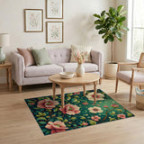 Vintage Pink Anemone Floral Green Area Rug