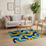Vibrant Yellow Blue Navy Wave Abstract Rug