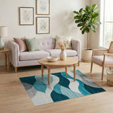 ODIKA Modern Abstract Waves Washable Area Rug, Teal & Grey Low Pile Non-Slip