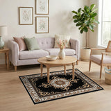Beige and Neutral Ornate Black Medallion Persian Area Rug