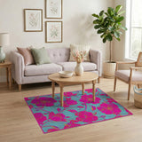 Vibrant Pink Peony Floral Teal Area Rug