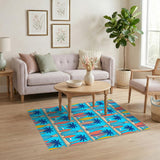 Blue Coastal Surfboard Palm Tree Area Rug