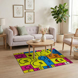 ODIKA Retro Smiley Face Washable Area Rug - Low Pile Non-Slip Colorful Pop Art Decor