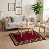 ODIKA Washable Red Geometric Bordered Area Rug - Non-Slip Low Pile