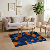 ODIKA Washable Abstract Geometric Area Rug, Modern Blue & Orange Low Pile Non-Slip Rug