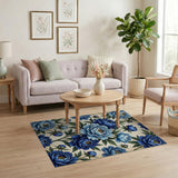 Blue and Teal Vintage Blue Peony Floral Area Rug