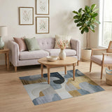 Modern Blue Teal Gold Curved Geometric Area Rug
