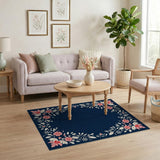 Pink Floral Navy Border Vintage Rug