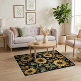Sunflower Garden Floral Area Rug Black