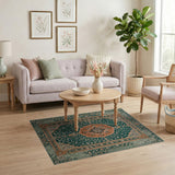 Teal Persian Medallion Area Rug with Floral Vines