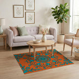 Bold Teal Floral Medallion on Orange Persian Rug