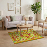 Vibrant Yellow Red Green Geometric Floral Rug