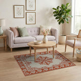 Beige and Neutral Cream Area Rug with Ornate Red Floral Border