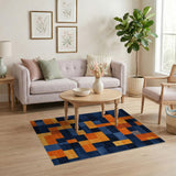 ODIKA Modern Geometric Washable Rug - Blue & Orange Abstract Non-Slip Low Pile Area Rug