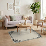 Beige and Neutral Ornate Floral Scroll Border Beige Area Rug
