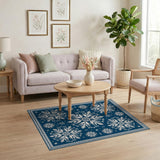 Navy Blue Snowflake Area Rug with Intricate White Patterns