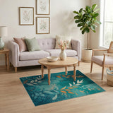 Teal Leaves Berries Floral Area Rug