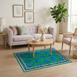 Emerald Green Blue Leaf Floral Area Rug