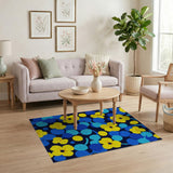 Yellow Flowers and Blue Dots Navy Area Rug