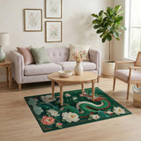 ODIKA Washable Green Dragon & Lotus Floral Area Rug - Low Pile Non-Slip Artistic Decor