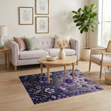 ODIKA Purple Floral Botanical Washable Area Rug - Low Pile & Non-Slip